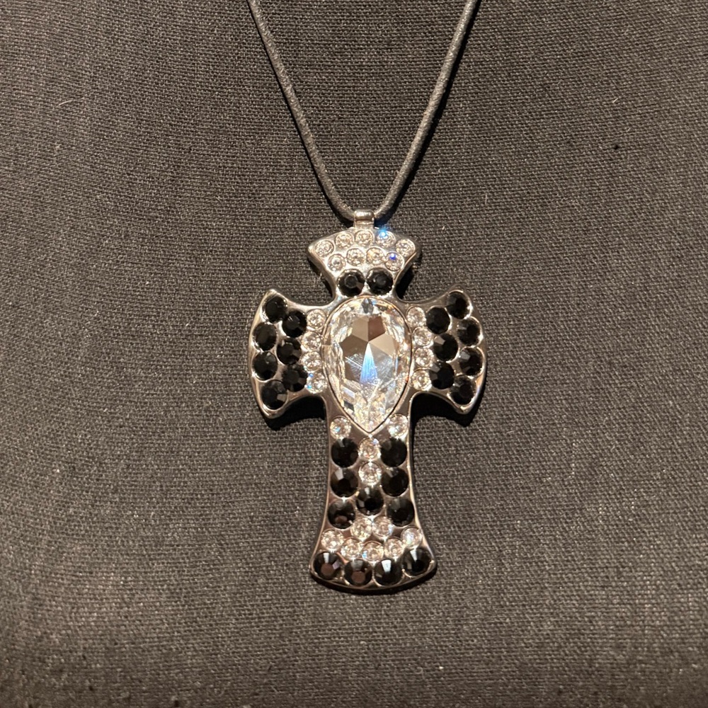 B.B. Simon Black and Silver Crystal Cross Necklace with leather rope